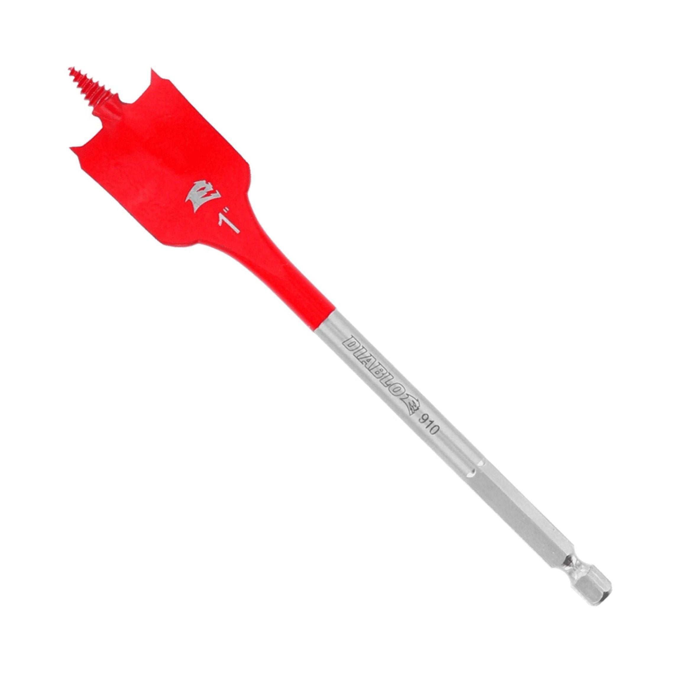 Experience precision with the DIABLO DSP2130 1 in. x 6 in. Spade Bit for Wood, featuring a silver shank and SPEED-TIP™ for easy starts. Its pointed tip and sharp edges ensure efficient drilling, while printed text highlights its Impact Strong™ durability. From Diablo brand.